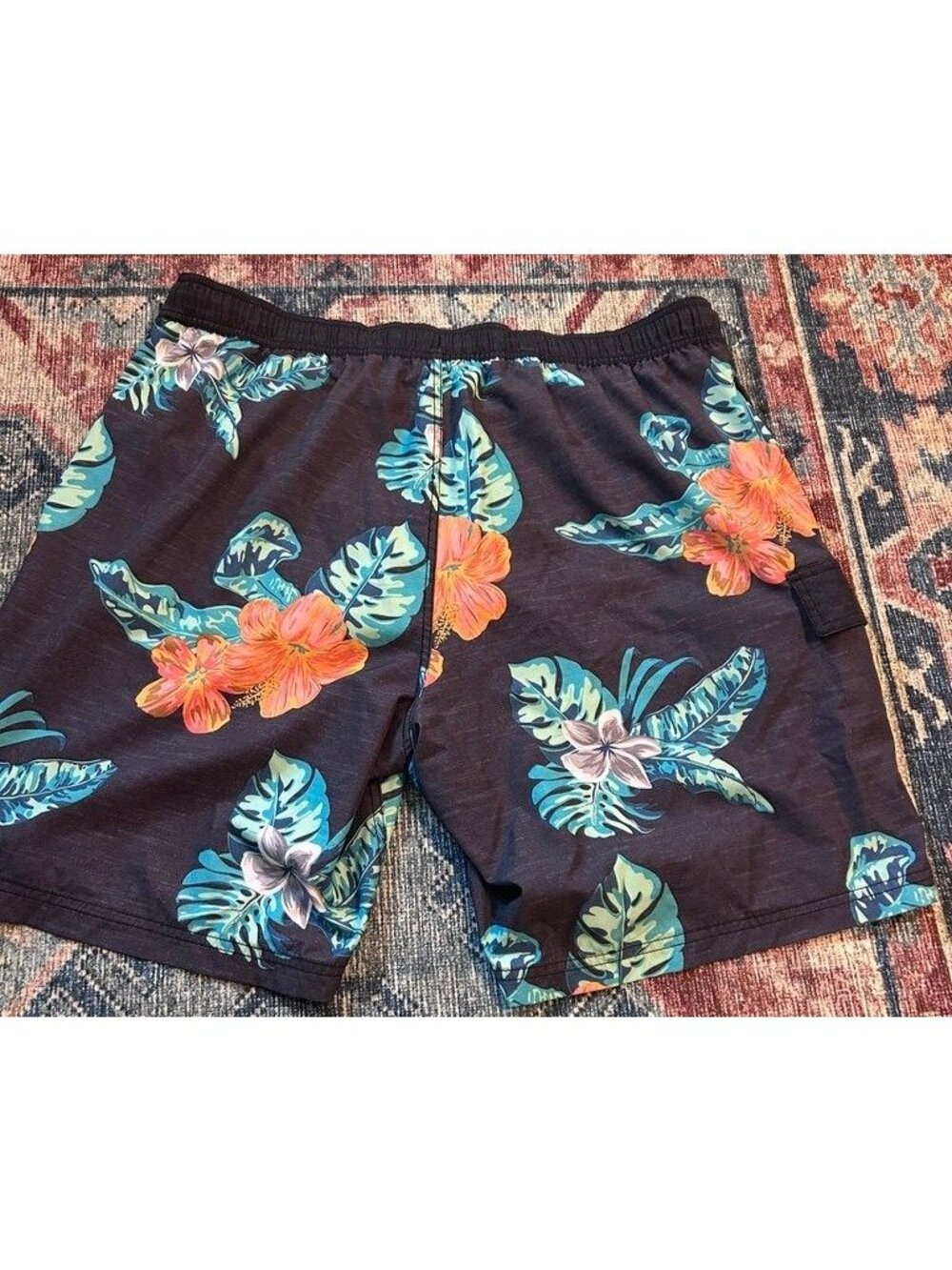 Hawaiian Floral Swim Trunks Mens XL Drawstring Waist Cargo Pockets Tropical